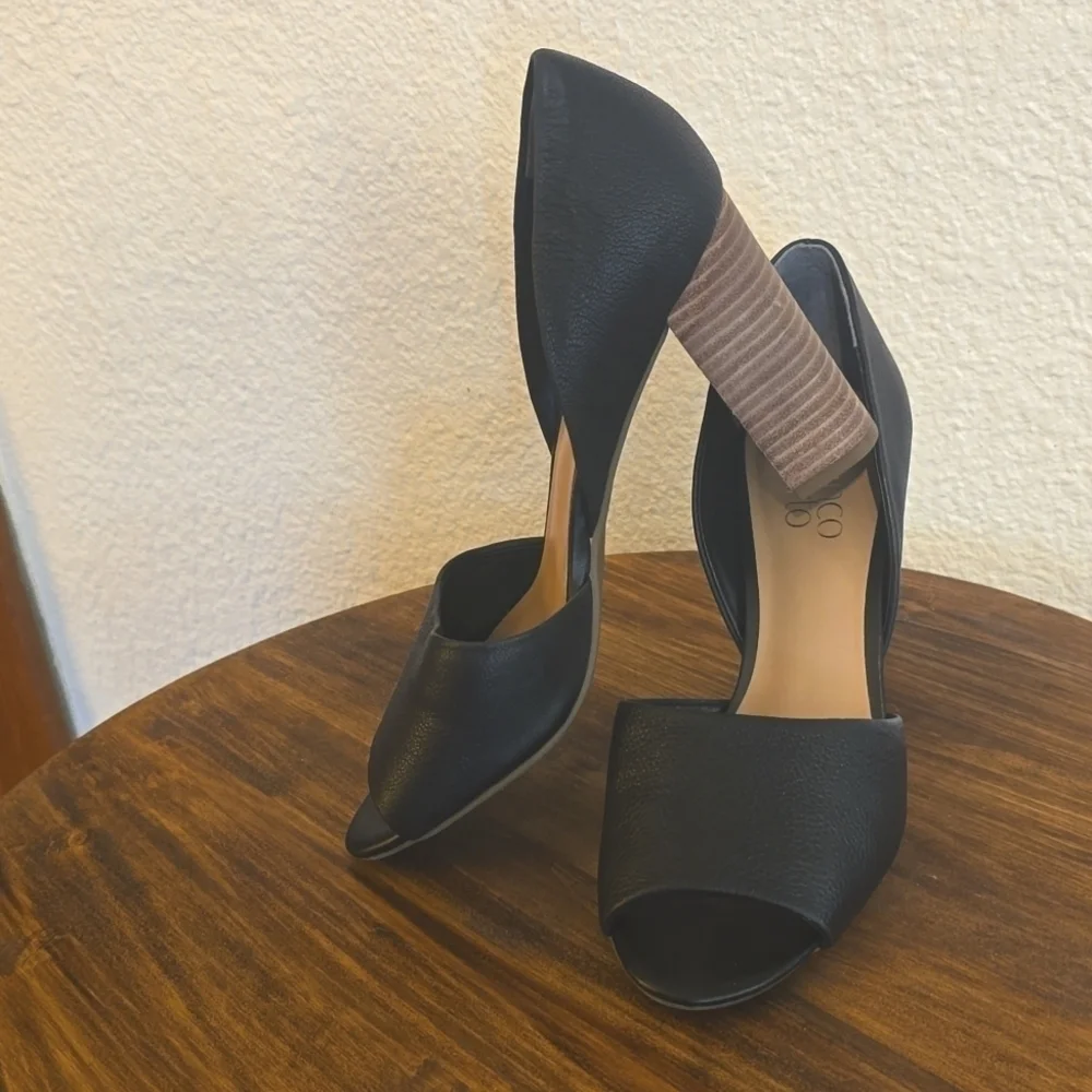 Franco Sarto|Black Pebbled Leather HIGH Block Heel Peep Toe Shoes Sz.7.5